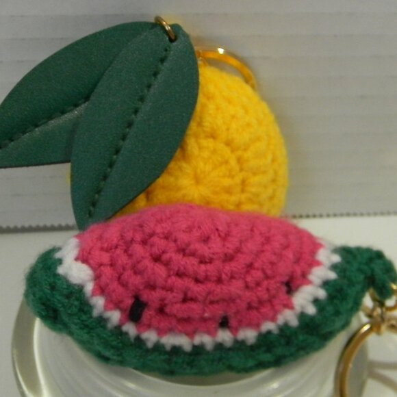 Handbag Purse Charms Keyrings Fruit Crochet Lemon Watermelon Set of 2 - Picture 1 of 3